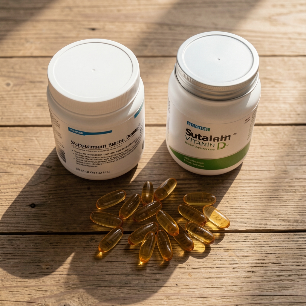 Supplement containers and vitamin D portions arranged on a wooden surface with natural morning light, editorial overhead composition